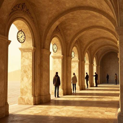 Photograph of a sunlit, arched corridor with six silhouetted people walking, each under ornate clock arches casting long shadows.