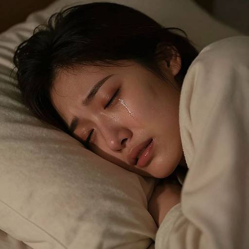 Photograph of a young Asian woman with wet, glistening skin and black hair, sleeping on a white pillow, wearing a white shirt. Her eyes