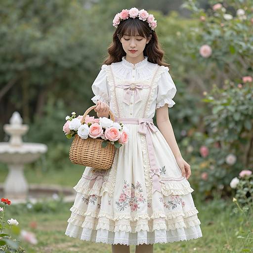 Photograph of an Asian woman with wavy black hair, wearing a white floral lace dress and pink flower headband, holding a wicker basket with