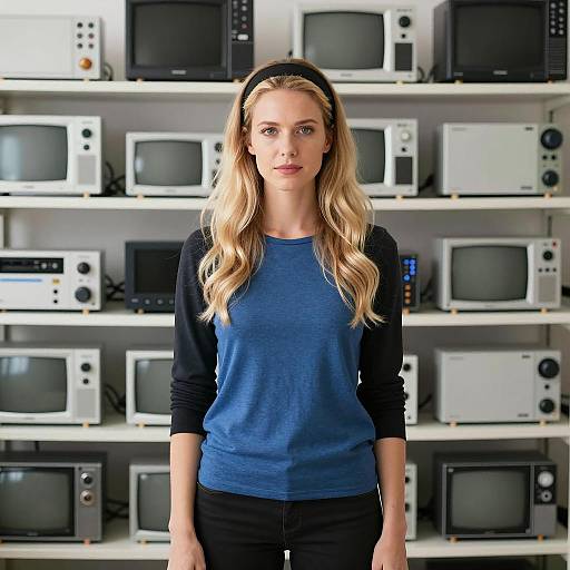 Blonde Woman Among Electronic Shelves