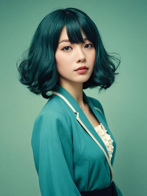 Young woman in teal cosplay costume