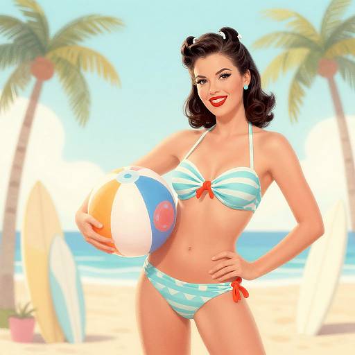 Digital illustration of a vintage-style brunette woman in a turquoise and white bikini, holding a colorful beach ball, on a sunny tropical beach with palm trees.