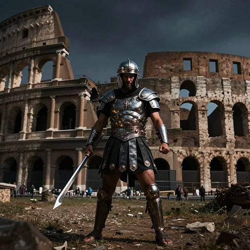 Fierce Gladiator in Crumbling Coliseum