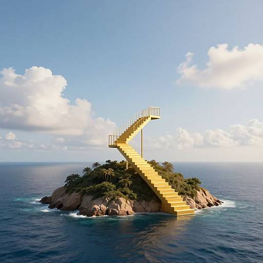 Photorealistic CGI of a small island with a giant, bright yellow, ascending staircase leading to a small, lush green top. Clear blue sky with
