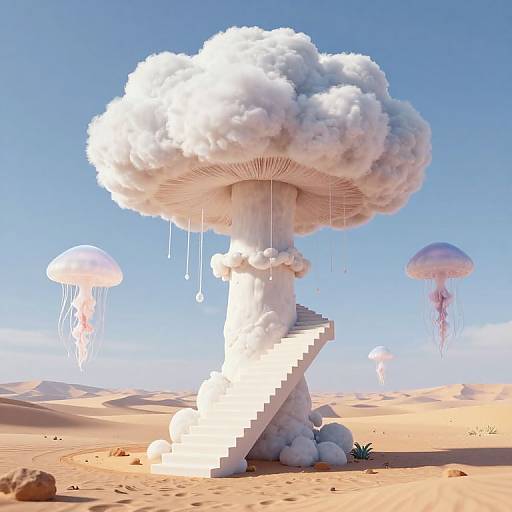 Digital artwork of surreal desert scene: giant white mushroom with pixelated staircase, drooping, surrounded by jellyfish-shaped clouds and floating jellyfish, under