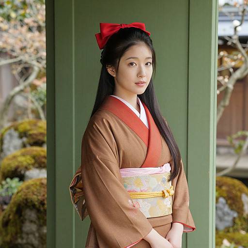 Japanese Woman in Traditional Kimono by Green Door