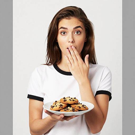 Photograph of a surprised young woman with brown hair, wearing a white shirt with black trim, eating a cookie from a plate with chocolate chip cookies,