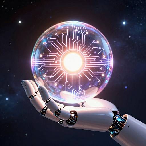 Digital artwork of a glowing, circuit-patterned sphere hovering above a robotic hand with glowing blue and black joints, set against a starry space background.