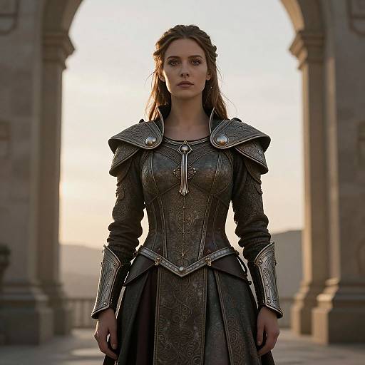 Photograph of a serious young woman with long brown hair, wearing medieval-style armored dark brown dress with silver shoulder plates, standing in front of an arch