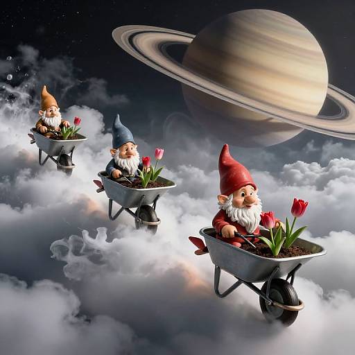 Digital artwork of four gnomes in wheelbarrows with red tulips, floating through clouds towards a Saturn-like planet in space.