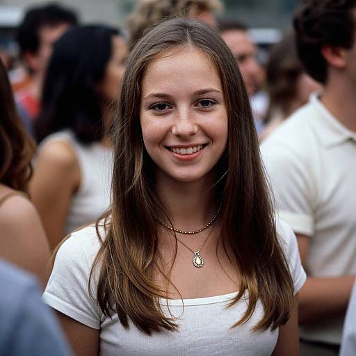 Photograph of a smiling young white girl with long brown hair, wearing a white t-shirt and gold necklace, standing among a blurred crowd of people.