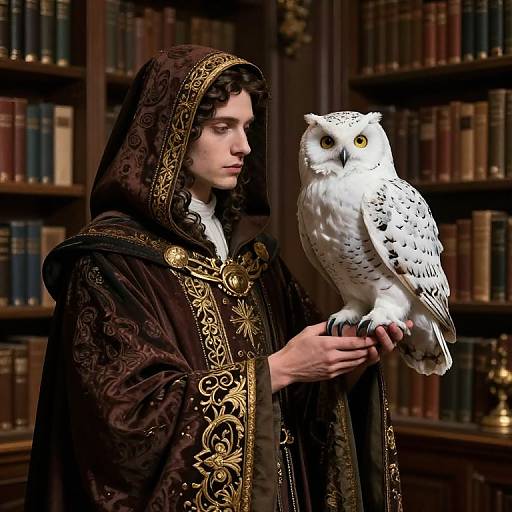 Photograph of a young man in ornate medieval robes, holding a white owl with yellow eyes in a library filled with bookshelves.