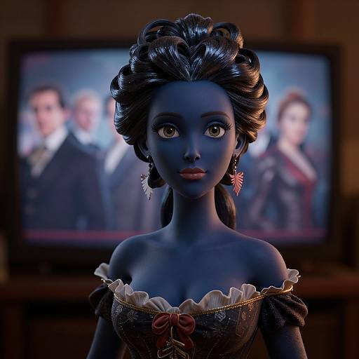 Photorealistic digital doll with blue skin, large eyes, and styled black hair, wearing off-shoulder dress, in front of blurred TV screen