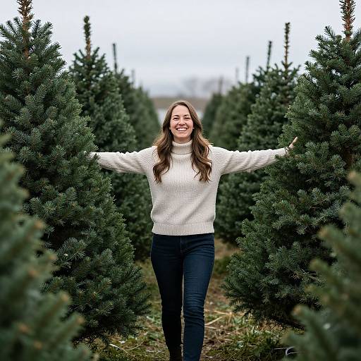 Joyful Woman Among Christmas Trees