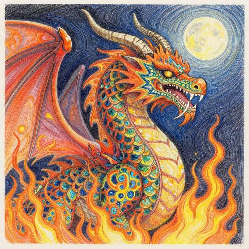Vibrant digital illustration of a fiery, multicolored dragon with intricate scales, sharp horns, and open mouth, surrounded by flames against a night