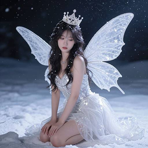Photograph of an ethereal Asian woman with long black hair, wearing a white crown, glowing fairy wings, and a sparkling dress, kneeling in snow