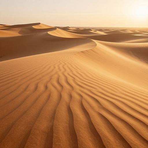 Photograph of a sunlit desert with rippled sand dunes, casting intricate shadows in warm golden hues under a bright, clear sky.