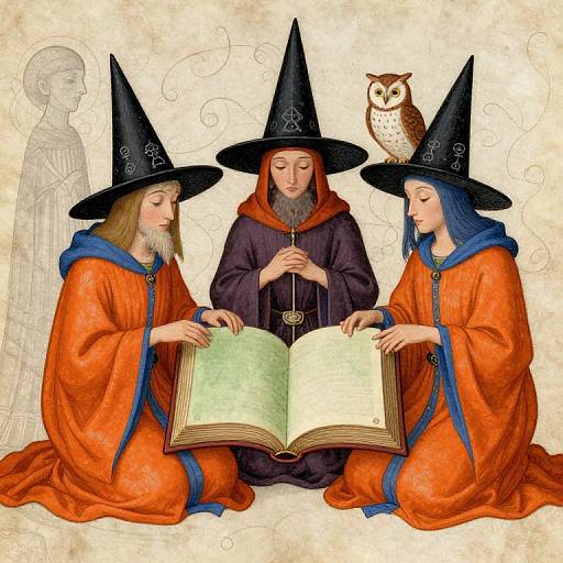 Three witches in orange robes and black hats, reading an open book; one with a beard, two with blue hair; an owl perches above.