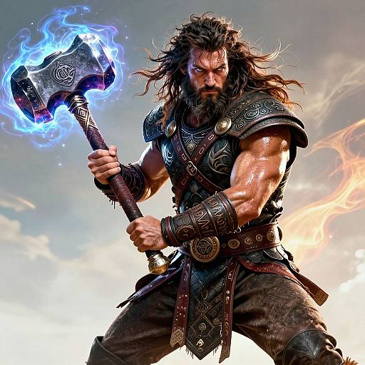 Epic Barbarian Warrior with Magical Hammer