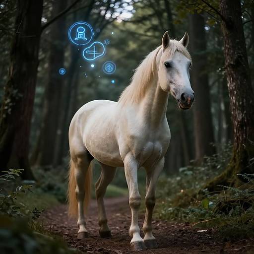 Cream Horse Navigating Sci-Fi Forest