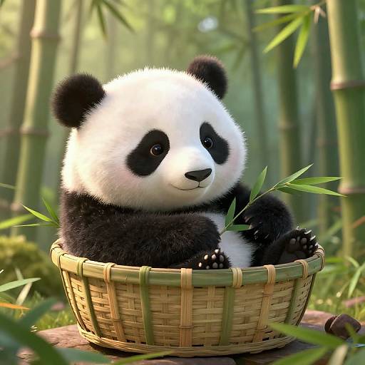 Cute Newborn Panda in Bamboo Basket