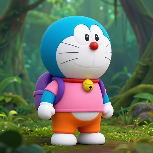 Digital CGI image of Doraemon, a blue robotic cat, standing in a lush, green forest. He wears a pink shirt, orange pants,