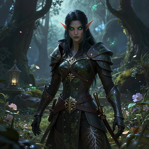Digital fantasy artwork: Elf warrior with glowing green eyes, dark armor, and long black hair stands in a mystical forest, surrounded by flowers and lanterns