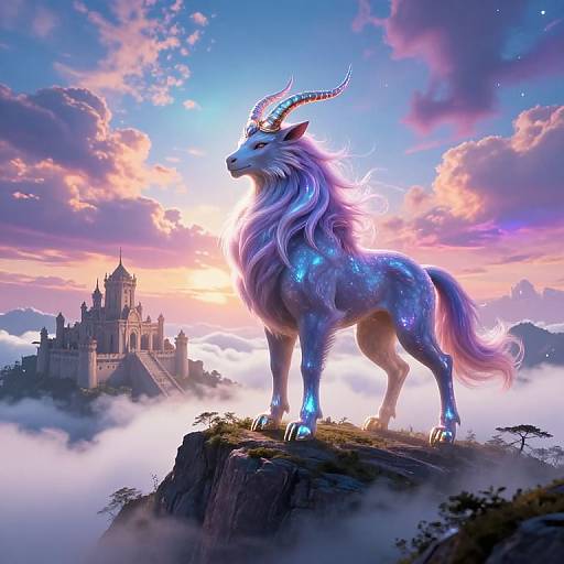 Digital fantasy art of a mystical, glowing unicorn-like creature with blue and purple fur, standing on a rocky cliff at sunset, overlooking a magical castle city