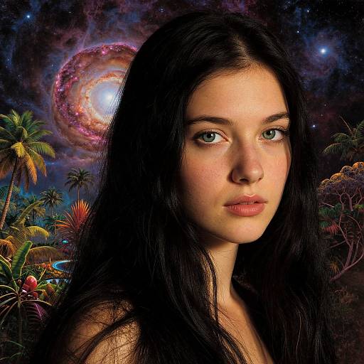 Digital artwork of a young woman with long black hair, fair skin, and green eyes, set against a cosmic background with a glowing galaxy and tropical plants