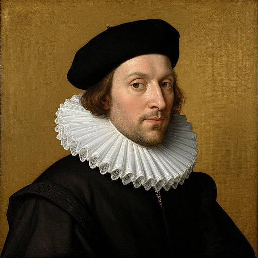 Renaissance portrait of a bearded man in a black cap and ruffled white collar, against a brown textured background.