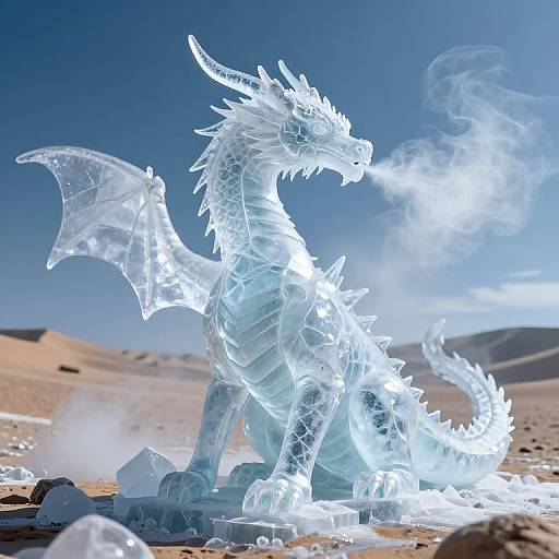 Photorealistic CGI of a glowing, translucent ice dragon with wings, horns, and spikes, sitting in a desert landscape, emitting smoke.