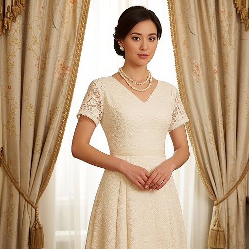 Photograph of an elegant Asian woman with black hair, wearing a white lace dress, pearl necklace, standing between ornate floral curtains.