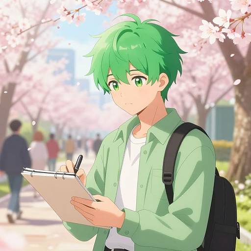 Anime-style digital drawing of a green-haired boy with green eyes, wearing a light green shirt and white tee, writing in a notebook while standing under cherry
