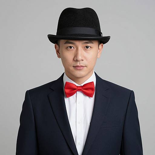 Photograph of an Asian man in a black suit, white shirt, red bow tie, and black bowler hat, against a plain light gray background
