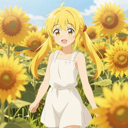 Anime-style drawing of a blonde girl with yellow eyes, wearing a white sundress, standing in a bright sunflower field under a blue sky.