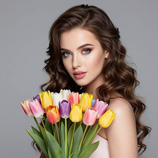 Photograph of a fair-skinned woman with long, wavy brown hair, holding a bouquet of colorful tulips (pink, yellow, purple)