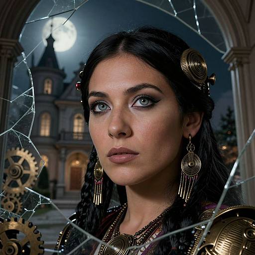 Photorealistic digital portrait of a dark-haired woman with blue eyes, wearing steampunk headgear and intricate jewelry, framed by shattered glass and a