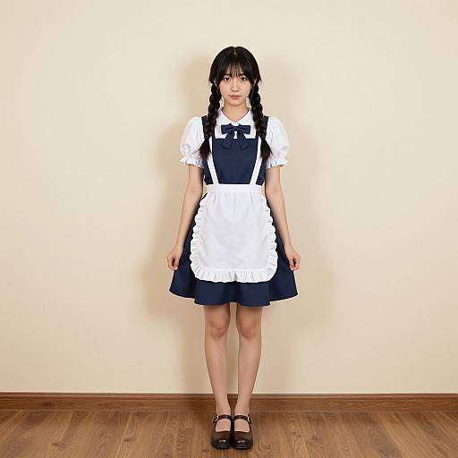 Photograph of an Asian woman with black braids, wearing a navy blue maid outfit with white apron, standing on wooden floor against beige wall.