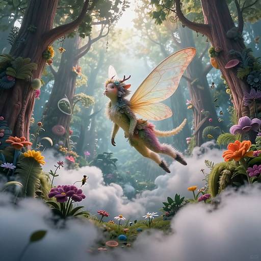Digital fantasy artwork: A whimsical, fairy-like creature with translucent wings and colorful fur soars through a magical forest filled with vibrant flowers, mist,