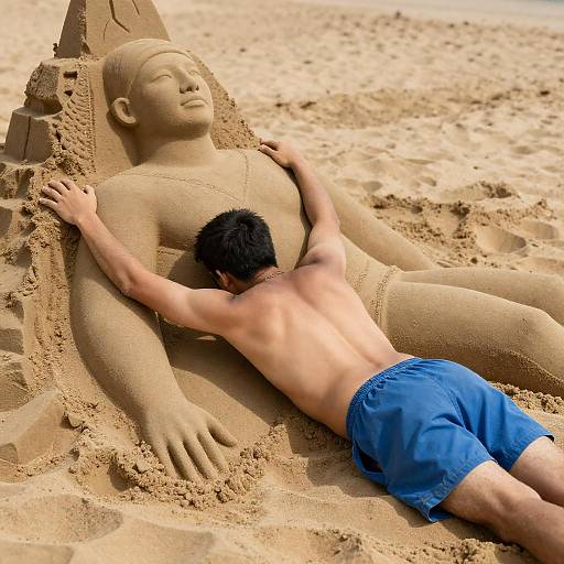 Sunlit Beach Scene with Sand Sculpture