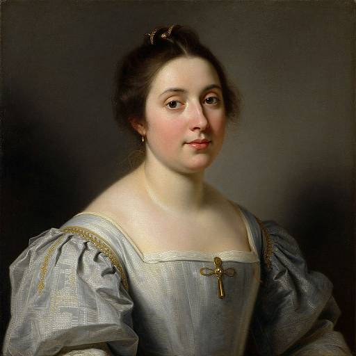 Portrait of a fair-skinned woman with brown hair, wearing a blue satin dress with gold trim and a gold cross necklace, against a dark background.