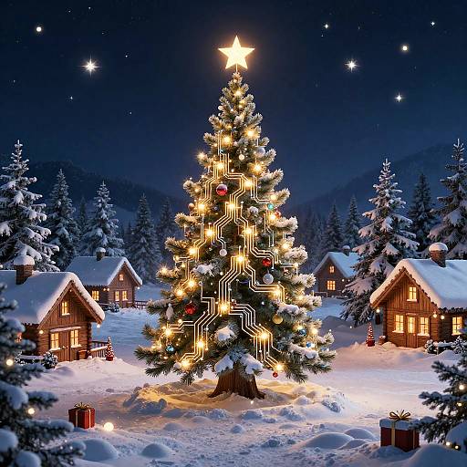 Photograph of a brightly lit Christmas tree with star topper in a snowy village, surrounded by glowing wooden houses and starry night sky.