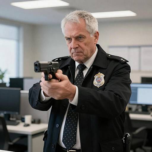 Serious Elderly Man with Handgun in Office