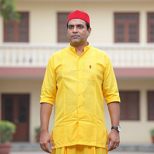 Photograph of a middle-aged South Asian man in a bright yellow kurta and red cap, standing outdoors in front of a beige building with brown windows