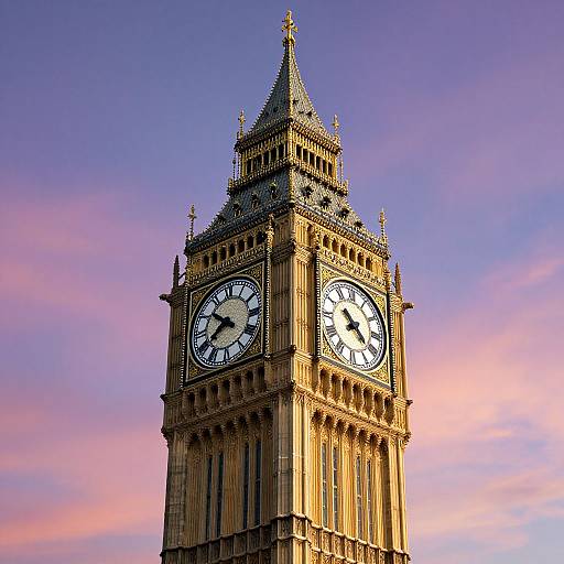 Photograph of the iconic Big Ben clock tower at sunset, with pink and purple sky, highlighting its ornate Gothic architecture and white clock faces.