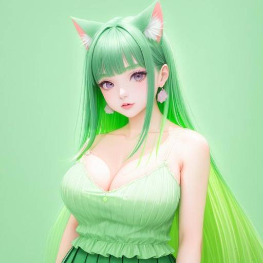 Anime Girl with Green Hair and Cat Ears