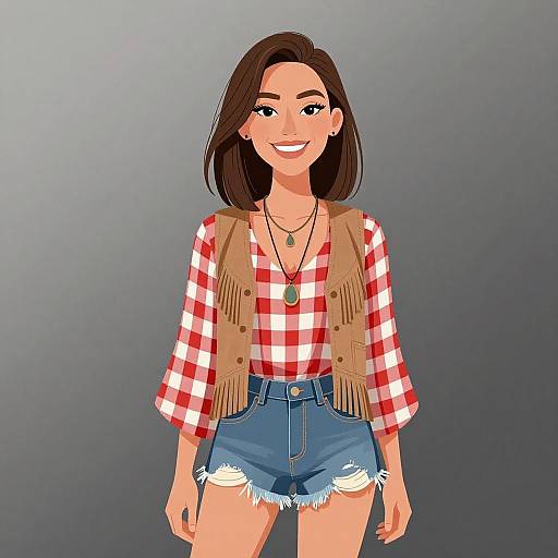 Digital illustration of a smiling woman with brown hair, wearing a red checkered shirt, fringed beige vest, denim shorts, and necklaces, against