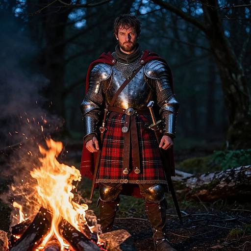 Photograph of a bearded man in medieval armor with a red plaid kilt, standing by a campfire in a dark forest.