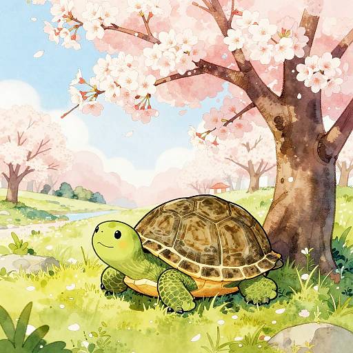 Cute Turtle Under Cherry Blossom Tree