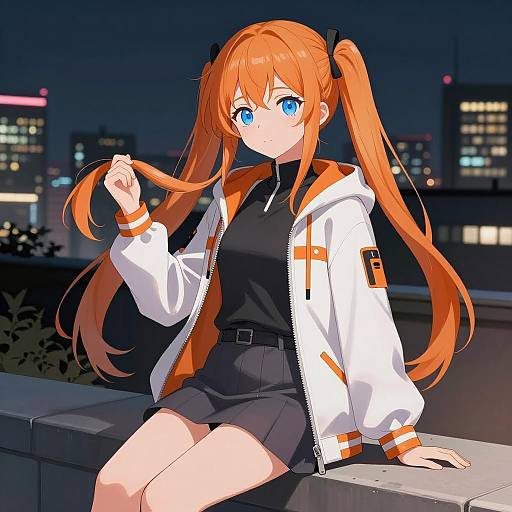 Anime Girl with Orange Twin-Tails Sitting at Night